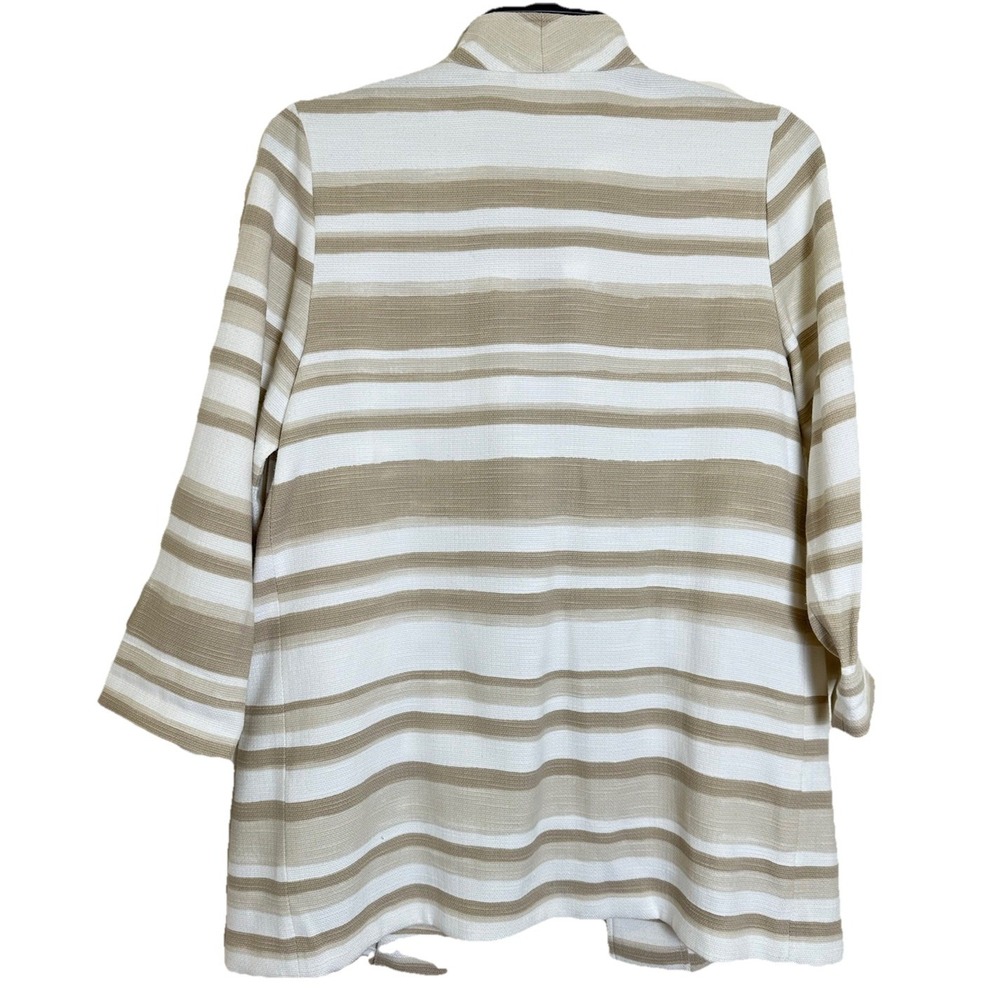 Womens CHICO'S Modern Striped Duster Jacket Tan White Open Front Sz 1 M 8 - Picture 2 of 4